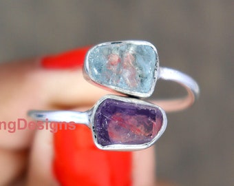 Raw Aquamarine Ring, Adjustable Silver Ring, Raw Aquamarine And Amethyst Ring, Sterling Silver Ring, Uncut Crystal Ring, Double Stone Ring