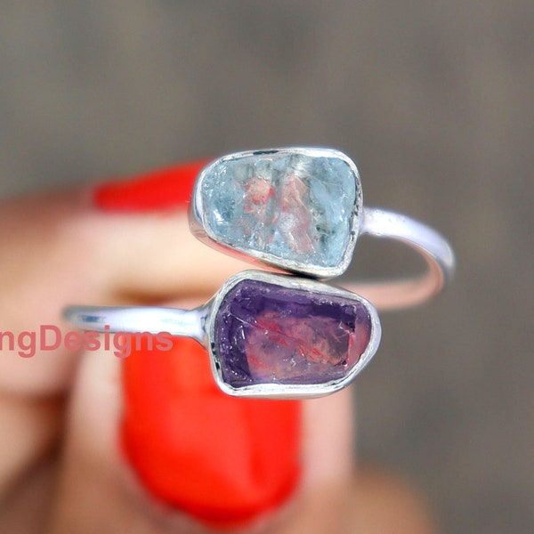 Raw Aquamarine Ring, Adjustable Silver Ring, Raw Aquamarine And Amethyst Ring, Sterling Silver Ring, Uncut Crystal Ring, Double Stone Ring