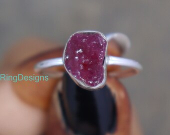 Anillo de rubí rosa en bruto, plata de ley 925, piedra natal de julio