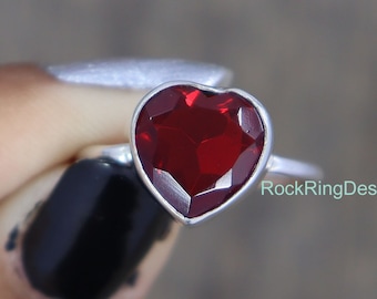 Heart Red Ruby Ring, 925 Sterling Silver, Anniversary Gift