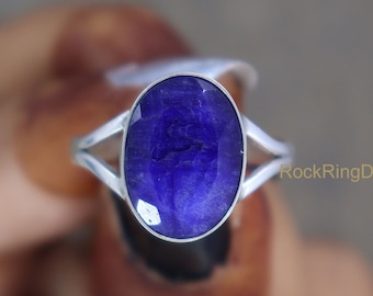 Anillo de zafiro azul crudo, banda ancha de plata de ley, estilo bohemio