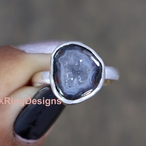 Natural Druzy Ring, Druzy Agate Ring, Black Geode Druzy Ring, Raw Lace Agate Durzy Ring, Sterling Silver Ring, Uncut Healing Crystal Ring