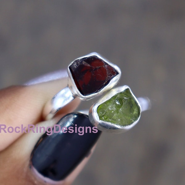 Raw Garnet Ring, Adjustable Silver Ring, Raw Garnet and Peridot Ring, Sterling Silver Ring, Uncut Crystal Ring, Double Stone Ring, Gift Her