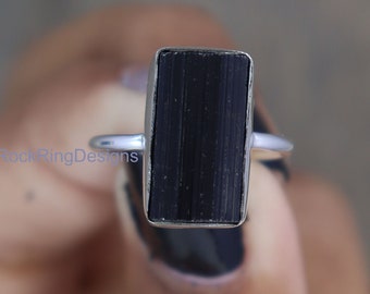 Raw Black Tourmaline Ring, Sterling Silver Band, Healing Crystal