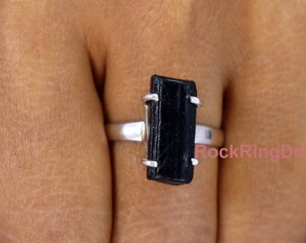 Raw Black Tourmaline Sterling Silver Ring, Handmade Prong Set