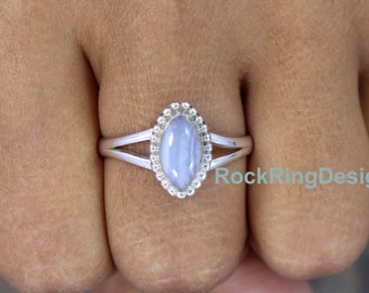 Anillo de ágata azul de encaje hecho a mano, anillo de plata esterlina de talla marquesa