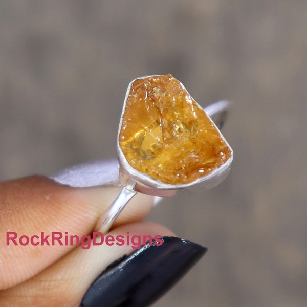 Raw Citrine Ring, Natural Citrine Silver Ring, Sterling Silver Ring, Raw Healing Crystal Ring, Uncut Raw Stone Ring, Bezel Rings For Women