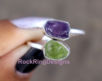 Raw Amethyst and Peridot Ring, Adjustable Sterling Silver Ring