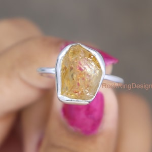 Roher Citrin Ring, Natürlicher Citrin Silber Ring, Sterling Silber Ring, Heilender Kristall Rohstein, Ungeschliffener Edelstein Ring, Frauen Jubiläum Ring