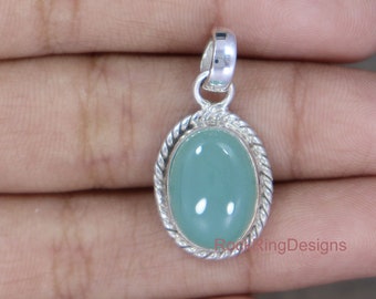 Aqua Chalcedony Sterling Silver Necklace, Twisted Wire Pendant