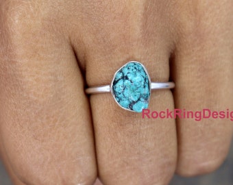 Genuine Turquoise Ring, Raw Turquoise Ring, Sterling Silver Ring, Raw Healing Crystal Ring, December Birthstone Ring, Uncut Raw Stone Ring