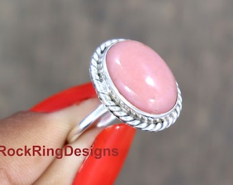Natural Pink Opal Sterling Silver Ring, Twisted Band, Birthstone