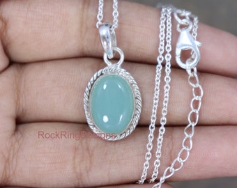 Aqua Chalcedony Pendant, Sterling Silver, Handmade Adjustable Necklace