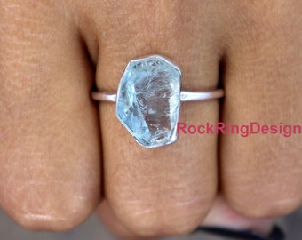 Genuine Aquamarine Ring, Raw Aquamarine Ring, Aquamarine Silver Ring, Sterling Silver Ring, Raw Healing Crystal Ring, Uncut Raw Stone Ring