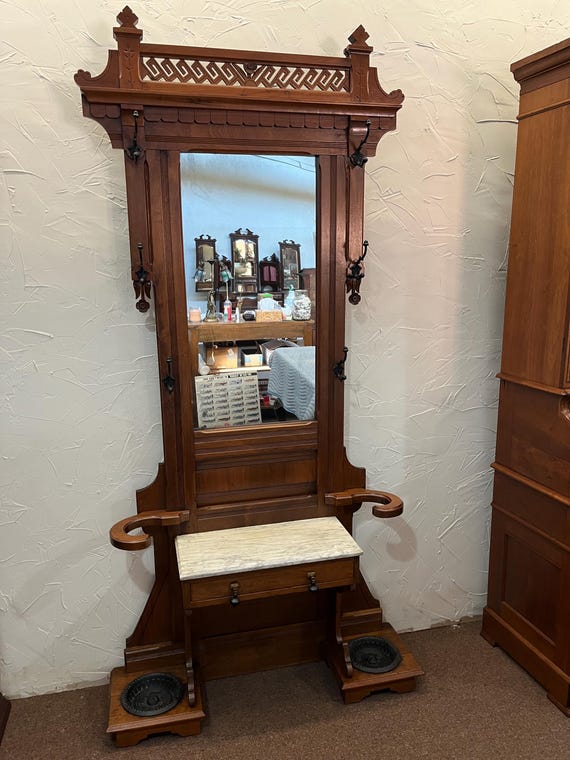 Walnut Victorian Hall Tree Coat hat Rack Shipping is Not Free Etsy