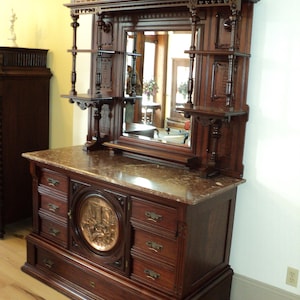 Late 19th Century Victorian Marble Top Cherry Buffet Sideboard with Mirror, Shipping is not free