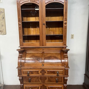 Walnut Victorian Renaissance Cylinder Roll Secretary Desk