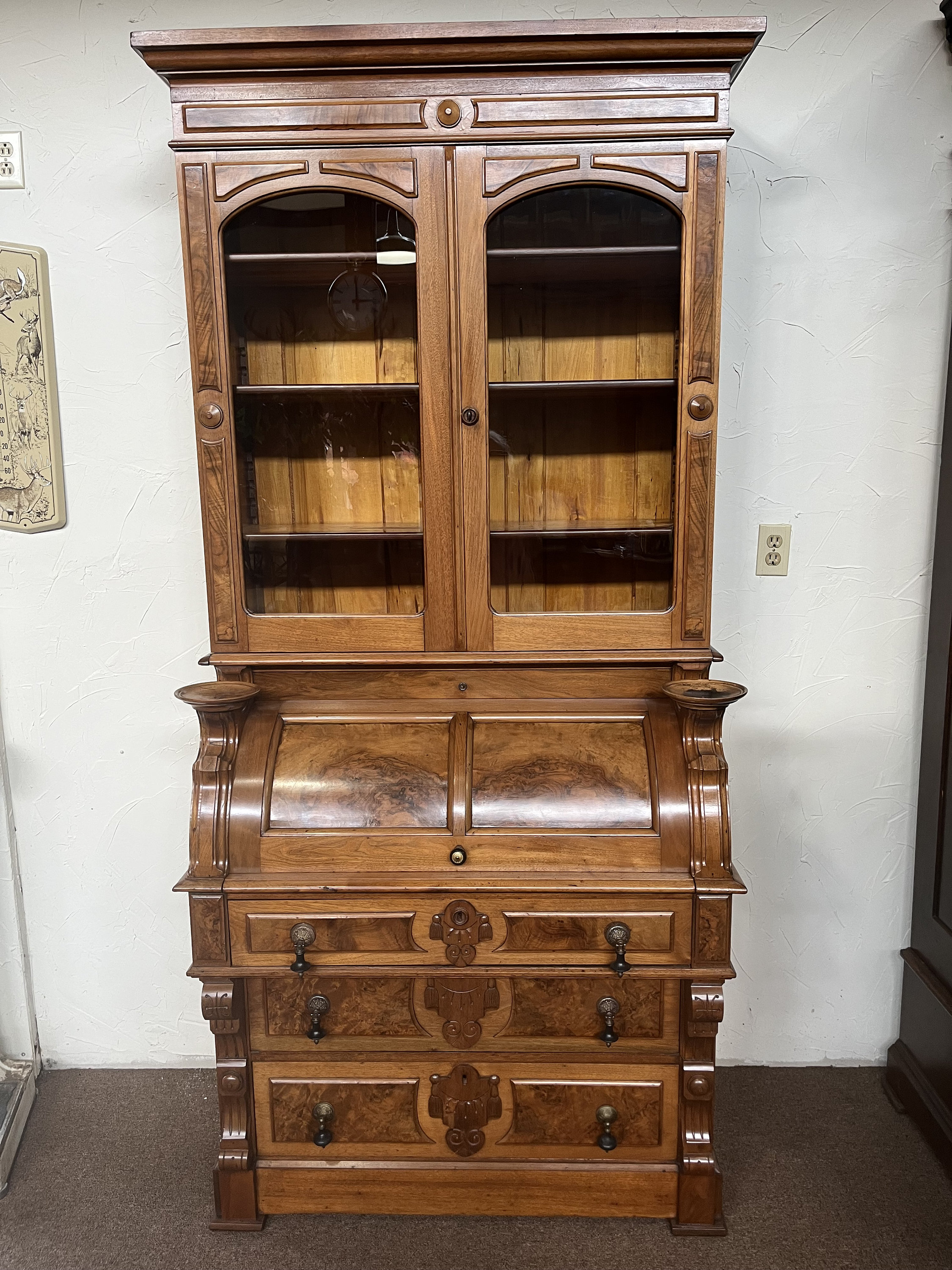 Walnut Victorian Renaissance Cylinder Roll Secretary Desk Etsy