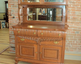 Antique Oak Buffet Sideboard w. Beveled Mirrors, Shipping is not free