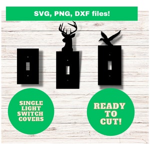 以下が含まれることがあります： 異なるデザインの黒いライトスイッチカバー3つ。左側のカバーはプレーン、中央のカバーは鹿の頭のデザイン、右側のカバーは鳥のデザイン。左側のカバーの下の緑色の円に「SINGLE LIGHT SWITCH COVERS」というテキストが書かれている。右側のカバーの下の緑色の円に「READY TO CUT!」というテキストが書かれている。