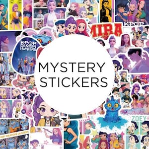 May include: A collage of colorful stickers featuring anime-style characters and the text "MYSTERY STICKERS" in a white circle. The stickers showcase various designs, including K-pop themes and cartoon illustrations.