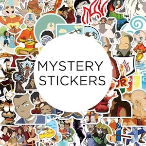 May include: A collection of colorful stickers featuring characters from an animated series. The stickers are arranged around a white circle with the words "MYSTERY STICKERS" in black. The stickers are of various sizes and shapes.