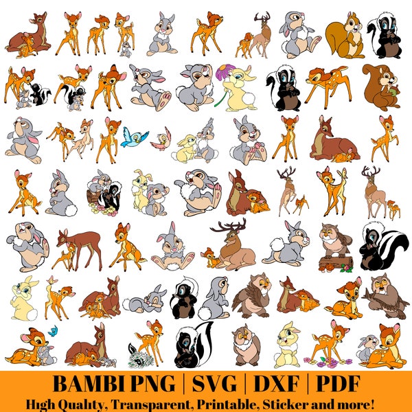 Bambi Png, Cartoon Bambi svg, DXF und PDF Dateien, 60 Stück, Bambi Clipart, Cricut, Aufkleber Bundle, Hirsch svg, digitales Design, Instant Download