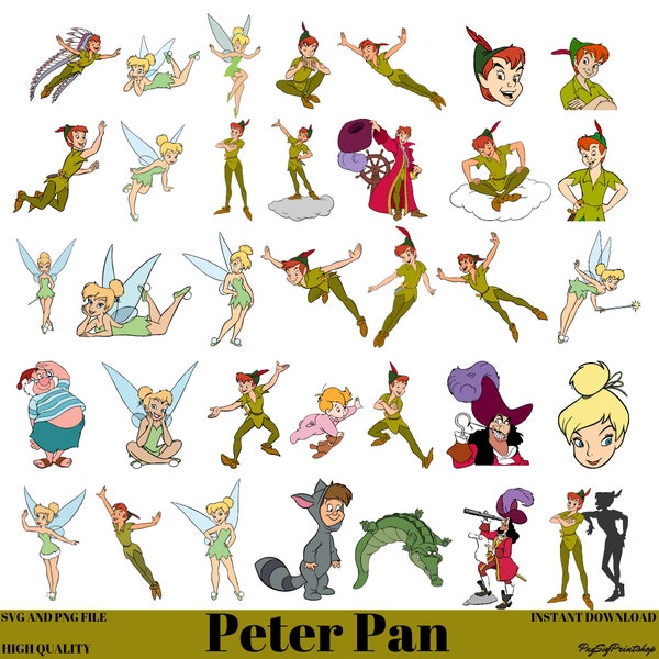 Peter Pan PNG, Peter Pan SVG, Tinker Bell PNG, Tinkerbell svg, Peter Pan Clipart, Captain Hook Instant Digital Download, Never Grow Up svg