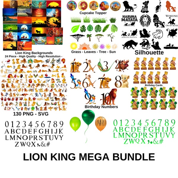 El Rey León Png, Svg, Tarjetas de Cumpleaños, Números de Cumpleaños, Alfabetos, Silueta, Fondos del Rey León, Cupcake Topper, Descarga Instantánea