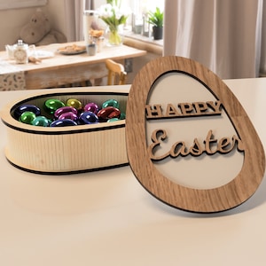Caja de regalo de Pascua cortada con láser - Caja de huevos de Pascua feliz de madera / Descarga digital / SVG DXF PDF