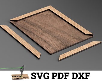May include: A wooden picture frame with a light brown wood grain finish. The frame is made of four pieces that fit together to form a square. The frame is disassembled and laid out flat on a gray surface. The text "SVG PDF DXF" is printed in black on a white background below the frame.