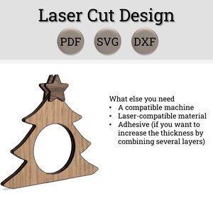 May include: Laser cut design of a wooden Christmas tree napkin ring with a star on top. The design is available in PDF, SVG, and DXF formats.