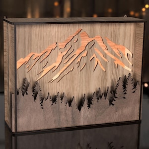Modello Svg per scatola luminosa di montagna – Scatola delle ombre 3D per lumino a LED / File di taglio laser Svg Dxf Pdf