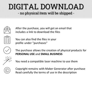 May include: Digital download graphic with icons and text explaining that the purchase is for a digital file that can be downloaded after purchase. The text also states that the purchase allows for the creation of physical products for personal use and small business.