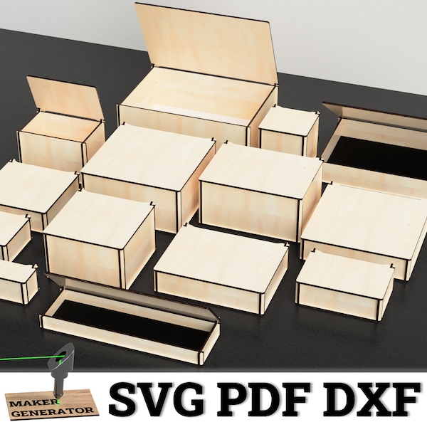 Plantilla SVG de Laser Cut Box con tapa abatible - Caja de almacenamiento - 14 tamaños y espesores diferentes - DXF PDF