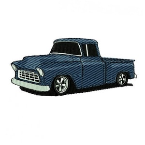 May include: A blue vintage pickup truck with a white grille and chrome wheels. The truck has a single cab and a flatbed.