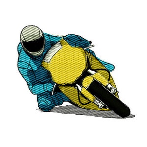 Peut inclure: Une illustration d'un pilote de moto en train de se pencher dans un virage. Le pilote porte un casque et une combinaison de course bleue. La moto est jaune avec une selle noire et un pneu noir.