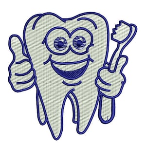 Puede incluir: Un diente de dibujos animados con una gran sonrisa, dando un pulgar hacia arriba y sosteniendo un cepillo de dientes. El diente es blanco con contornos azules y el cepillo de dientes es azul.