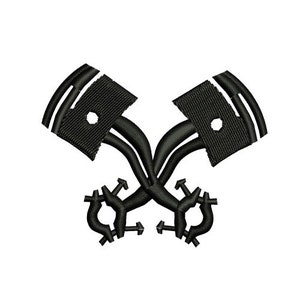 May include: Black and white illustration of two crossed pistons. The pistons are stylized and have a simple design.