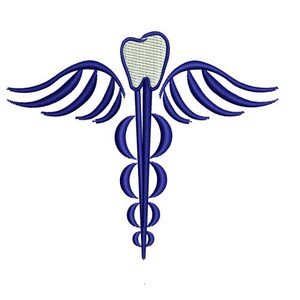 Pode incluir: Um símbolo de caduceu médico azul com um dente branco no centro. As asas são estilizadas e o caduceu é composto por uma série de círculos.