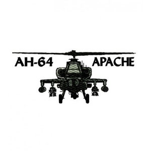 Puede incluir: Ilustración en blanco y negro de un helicóptero AH-64 Apache con el texto "AH-64 APACHE" encima.
