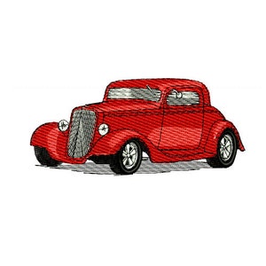 May include: A red vintage hot rod car with a black grille and chrome wheels. The car has a coupe body style and is in good condition.