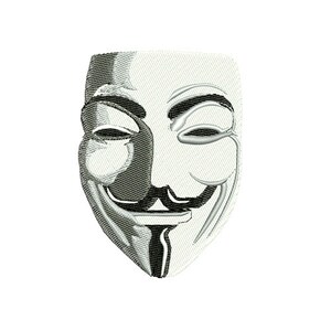 May include: A black and white embroidered patch of the iconic Anonymous mask, featuring a stylized face with a wide grin and a prominent nose.