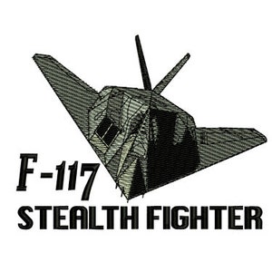 May include: A black and white illustration of an F-117 Stealth Fighter jet with the text "F-117 STEALTH FIGHTER".