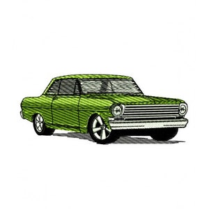 Könnte beinhalten: Ein grünes Oldtimer-Auto mit schwarzem Innenraum. Das Auto hat eine Chromstoßstange und einen schwarzen Kühlergrill.