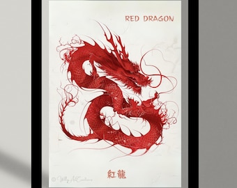 Red Dragon: Minimalist Painting of Oriental Inspiration for Home Decoration, Art prints, Instant Download, Wall art