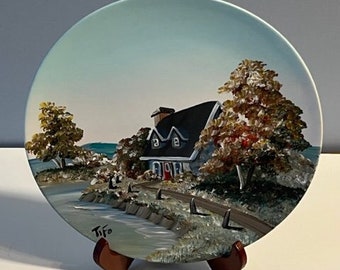 vintage Quebec artist signed artisanal oil painted ceramic plate House Fall scene