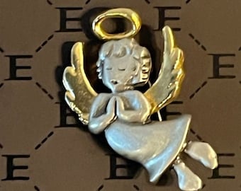Vintage Weihnachtsengel Brosche JJ Jonette Pewter Gold Ton Engel mit Flügeln Halo Brosche Pin