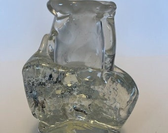 Vaso in vetro di ghiaccio, scultura in cristallo di ghiaccio, vaso in stile Pukeberg, firmato dall'artista, vintage