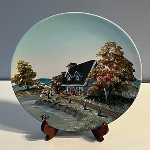 vintage Quebec artist signed artisanal oil painted ceramic plate House Fall scene